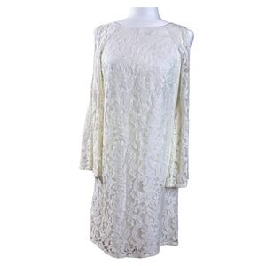 Adriana Papell Ivory Lace Dress Cold Shoulder Long Bell Sleeve‎ US 6 NWOT